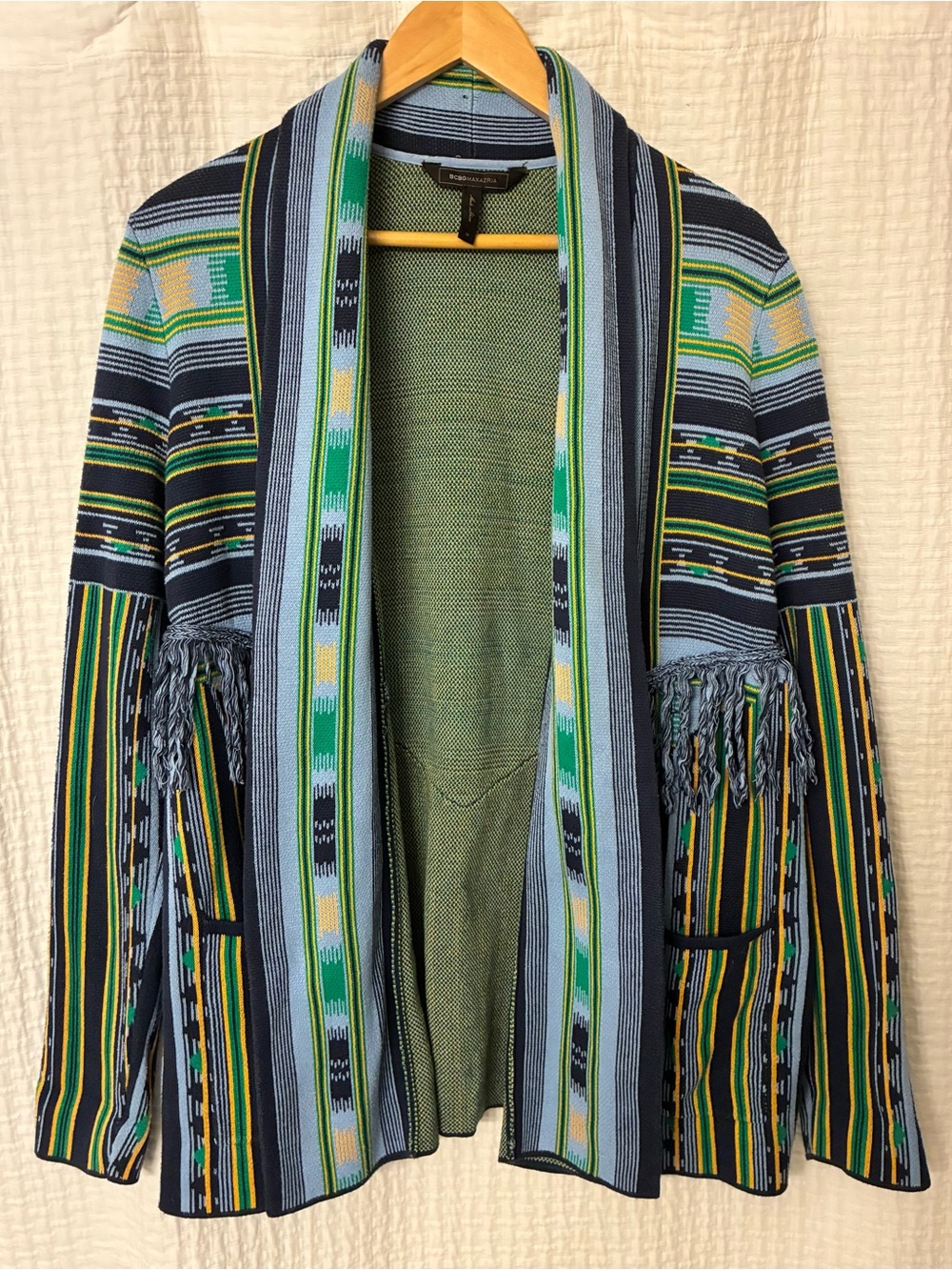 BCBGMaxAzria Striped Cotton Cardigan in Blue, Green & Yellow
